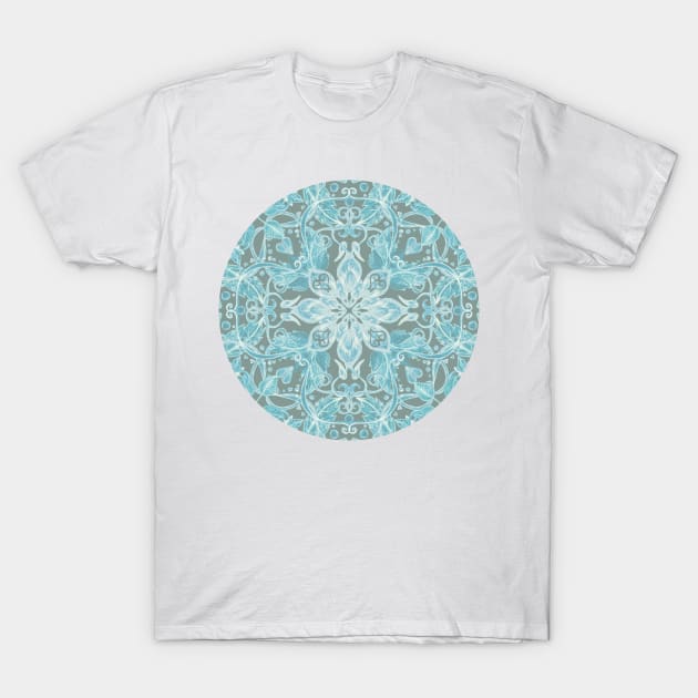 Soft Teal Blue & Grey hand drawn floral pattern T-Shirt by micklyn
